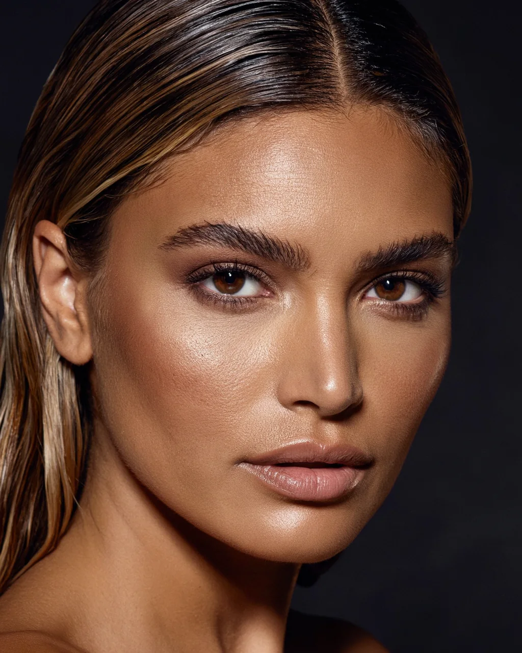 Retrato de belleza con piel bronceada, pómulos marcados y cabello peinado hacia atrás — estudio de David Rivera, Piloko