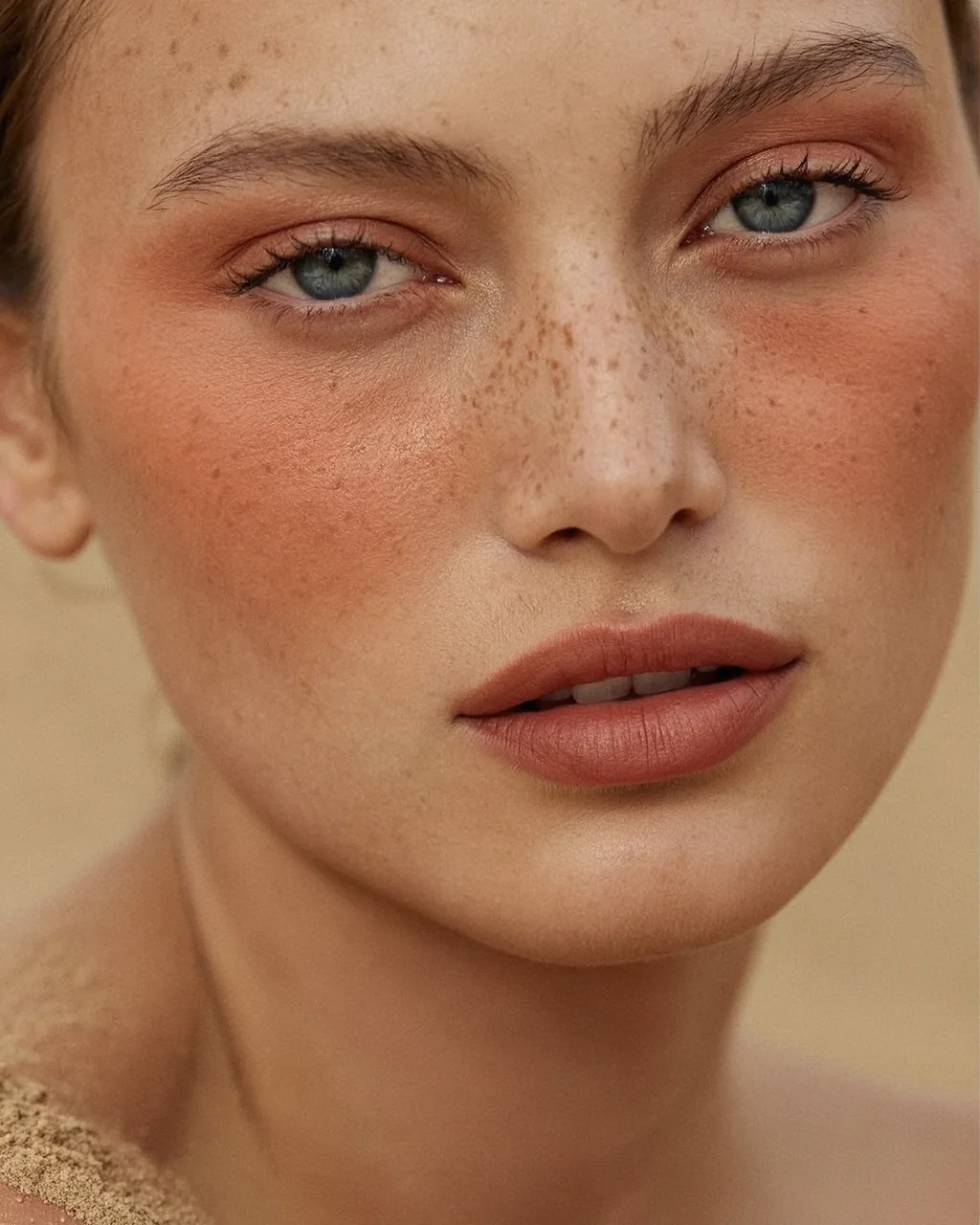Retrato de belleza con rubor terracota y pecas, luz de día difusa — estudio de David Rivera, Piloko