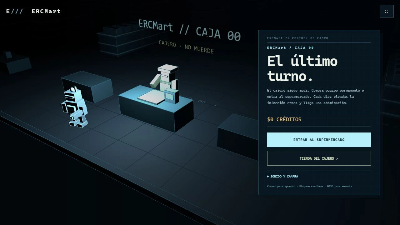 ERCMart Survival: el robot junto a la caja 00, con el cajero detrás del mostrador y el menú El último turno