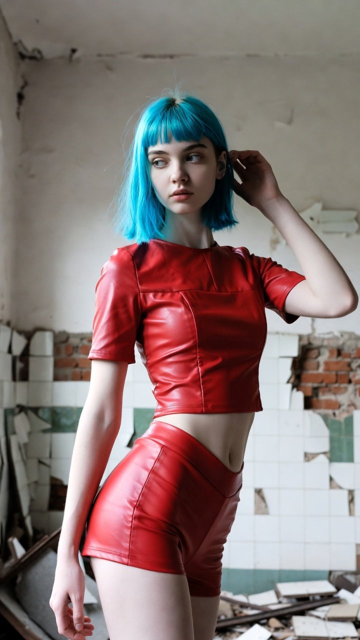 Influencer IA generada con Grok, bob azul corto, conjunto de cuero rojo, pasillo de edificio abandonado