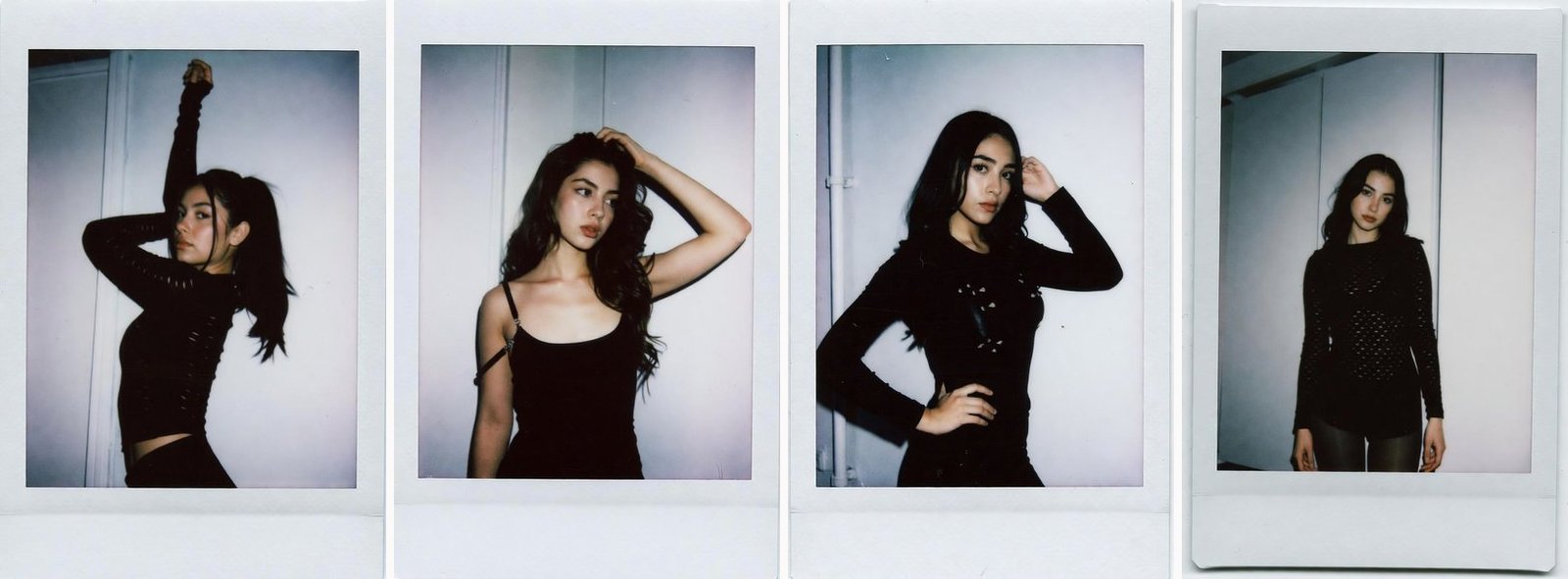 Cuatro imágenes del set de entrenamiento de Lorena, generadas con IA: fotos instantáneas con ropa negra y luz de flash