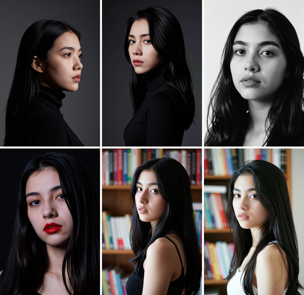Seis retratos de Lorena generados con IA y elegidos para el segundo entrenamiento: estudio, blanco y negro y librero