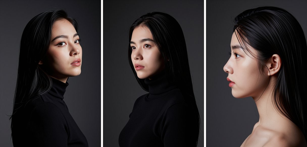 Tres retratos de Lorena generados con la segunda versión de su modelo de IA: la misma cara de frente, de tres cuartos y de perfil