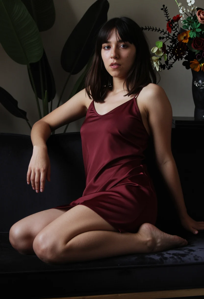 Moodboard boudoir con vestido lencero borgoña en chaise longue y luz lateral