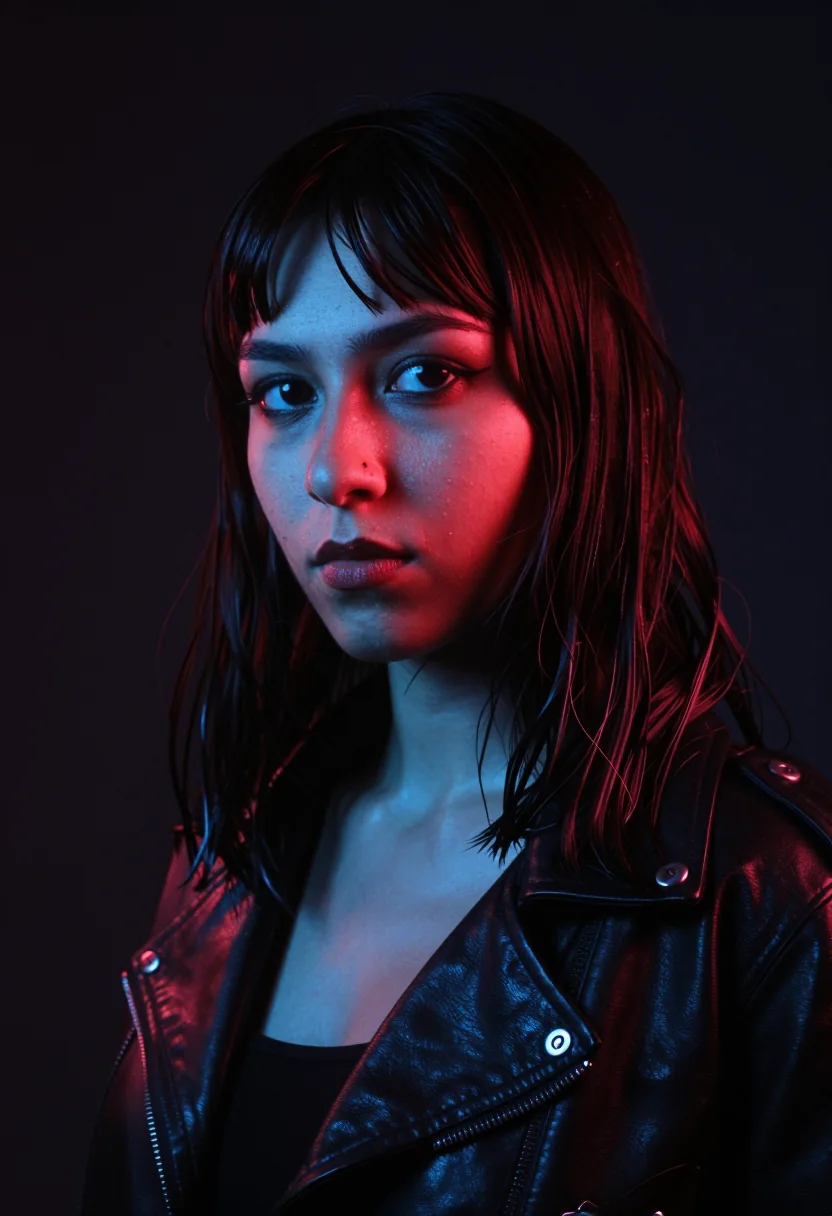 Fernanda, modelo sintética generada con IA — neón rojo y azul