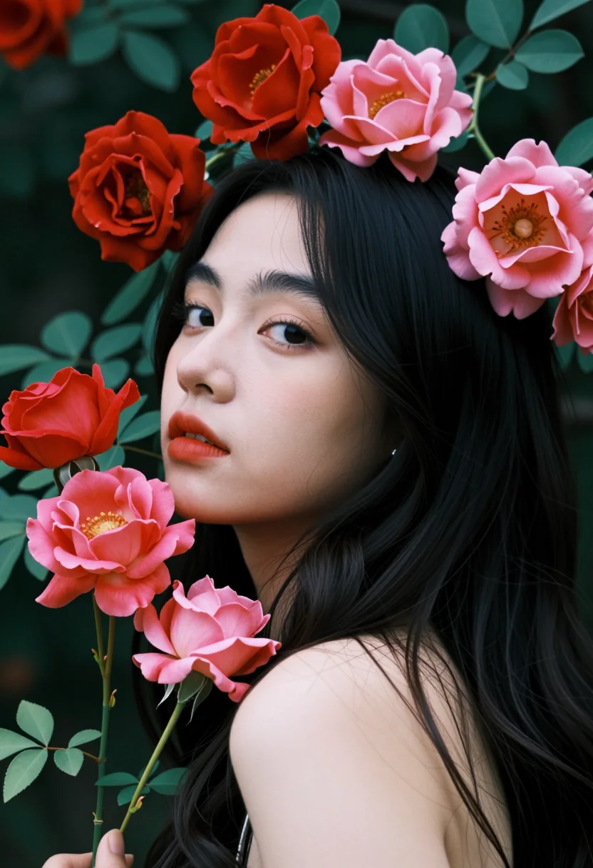 Lorena, modelo sintética generada con IA — flores