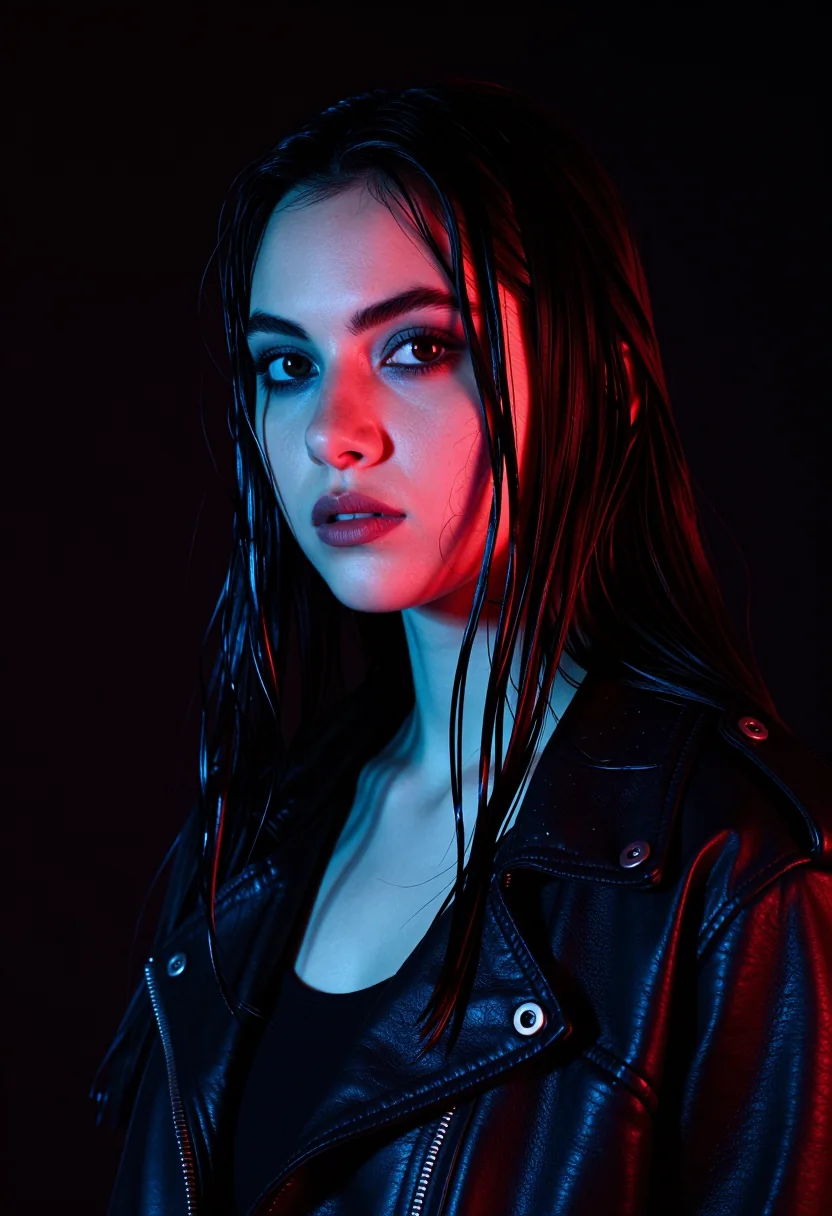 Lorena, modelo sintética generada con IA — neón rojo y azul