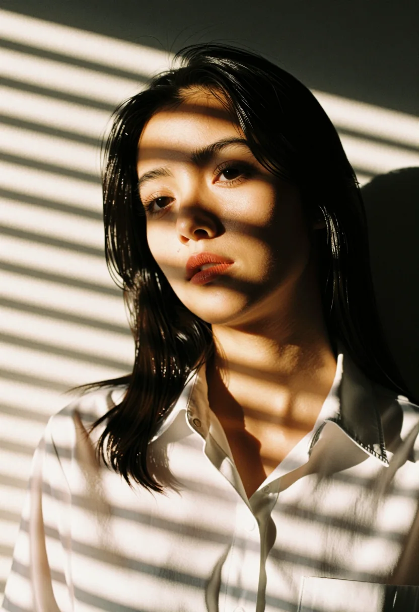 Lorena, modelo sintética generada con IA — sombras de persiana