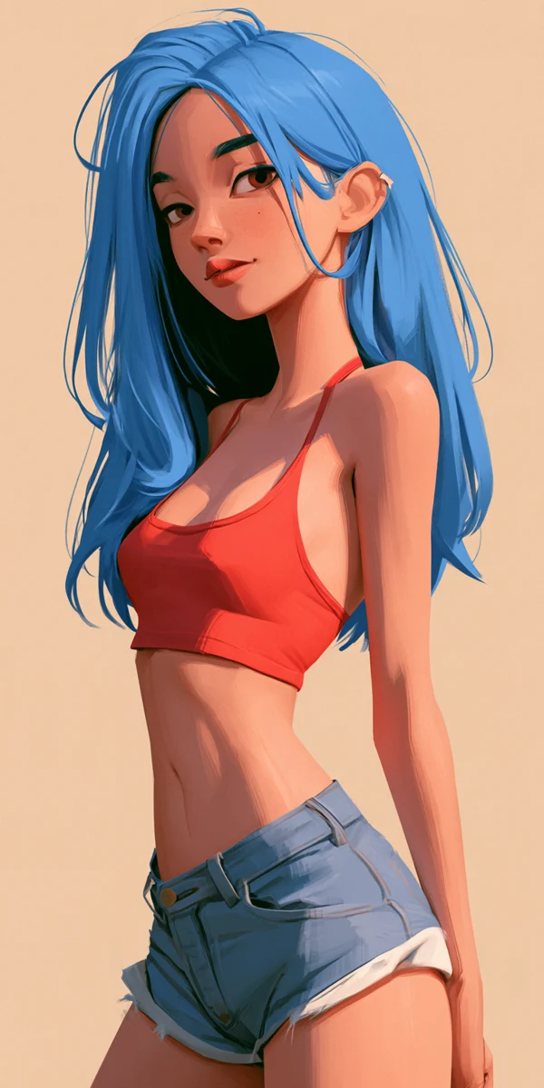 Referencia 3 de Midjourney: personaje de cabello azul, generado con IA