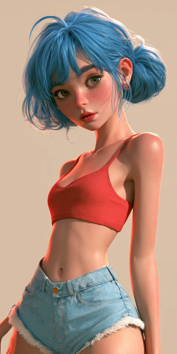Referencia 4 de Midjourney: personaje de cabello azul, generado con IA